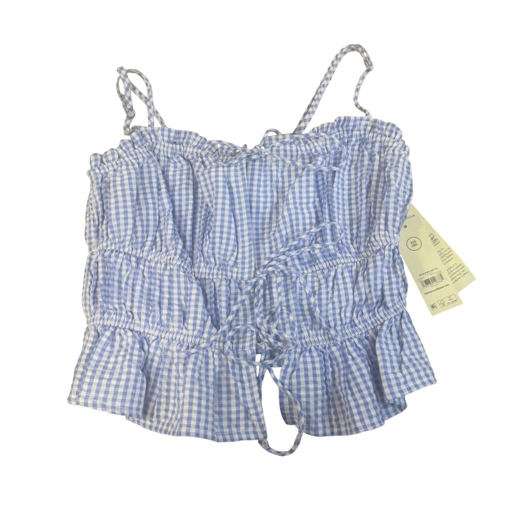 No‎ Boundaries Blue White Gingham Tie Front Smocked Milkmaid Cami Top XXS 00 NEW